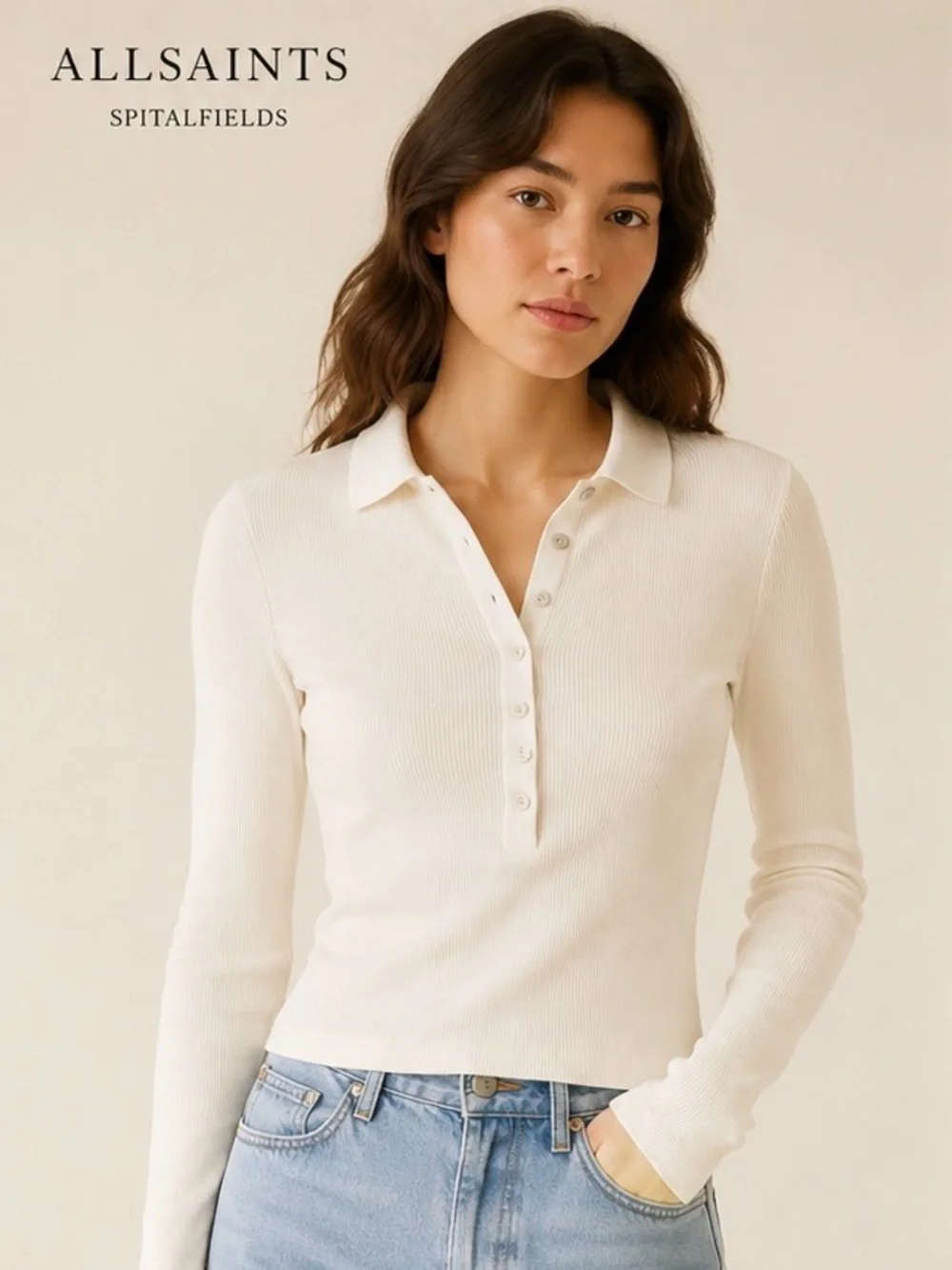 AllSaints Cream Ribbed Long Sleeve Polo size XS - Picture 1 of 7